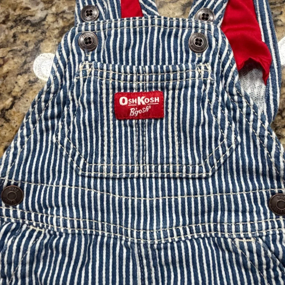 OshKosh Bgosh Baby Boys Blue White Hickory Stripe Red Lined Overalls 6M v